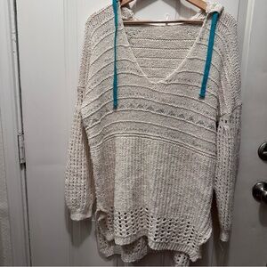 Free People Cream V-Neck Sweater with Blue Details